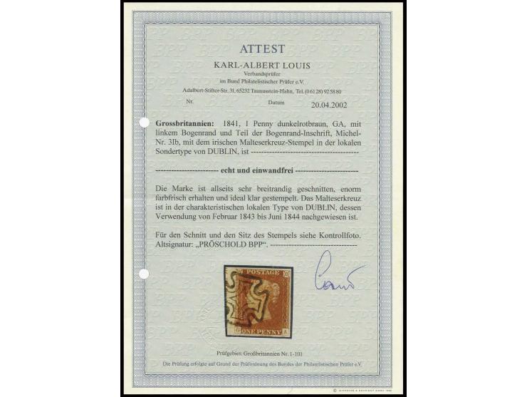 1 d. deep red-brown, GA, three sides with good margins  and sheet margin at left with partial inscription, with clear local M