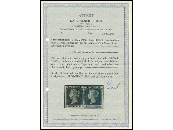 2 d. blue, GD-GE, horizontal pair with large margins all round with clear black scottish type MC, signed Pröschold, Bühler BP