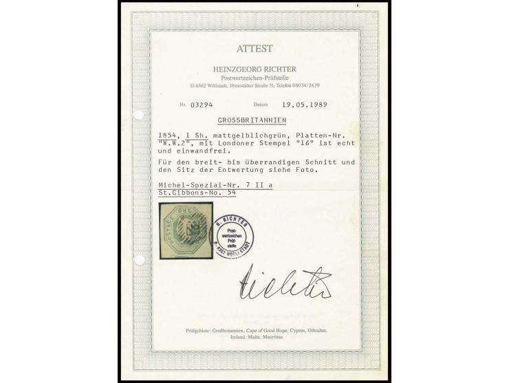 1 s. pale green, large margins all round with part of adjoining stamp at bottom, with clear numeral "16", certificate Richter