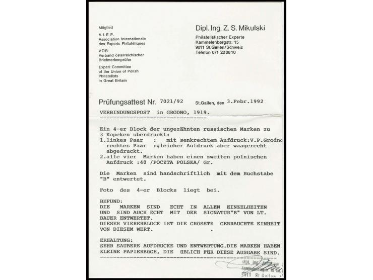 1919, Verbindungspost 40 Gr. auf 1 Kopeken geschnitten im unregelmäßigen 8er-Block vom rechten Bogenrand, dabei die beiden re
