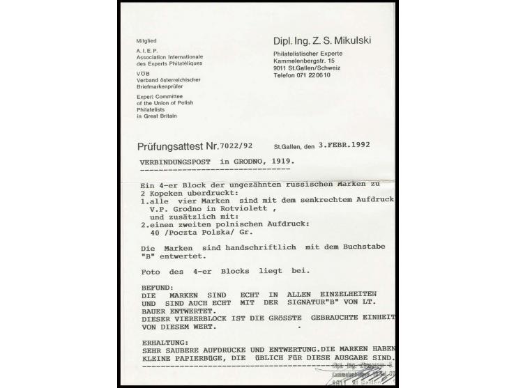 40 Gr. auf 2 Kopeken graugrün im 4er-Block, allseits breitrandig vom rechten Bogenrand, vorschriftsmäßig handschriftlich entw