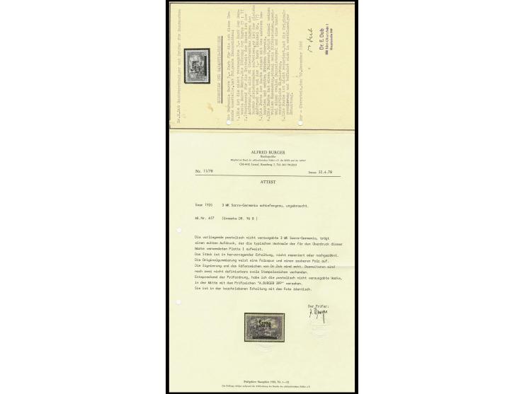 1920, Germania-Ausgabe mit Aufdruck "SARRE", nicht ausgegebener Wert 3 Mark violettgrau, ungebraucht in einwandfreier und fri