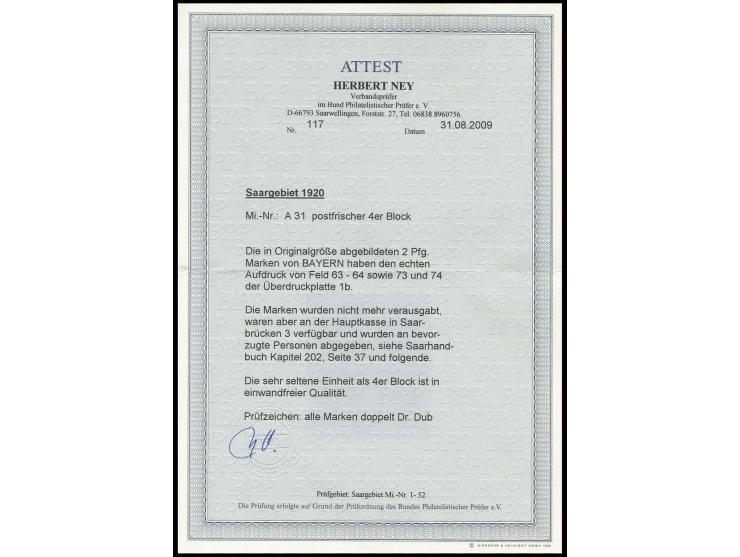 Ludwig mit Aufdruck SARRE, nicht ausgegebener Wert 2 Pfennig im 4er-Block, postfrisch in einwandfreier Erhaltung, Pracht, sig
