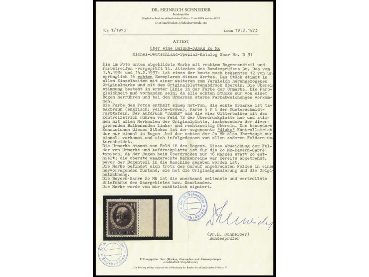 Ludwig 20 Mark mit Aufdruck SARRE, rechtes Randstück von Feld 12 mit dem nur auf diesem Feld vorkommenden dicken Kontrollstri
