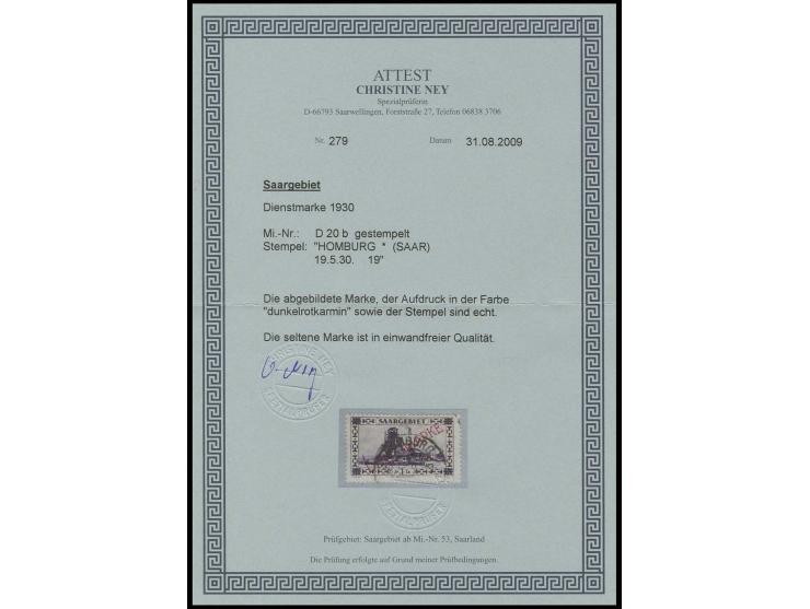 1 Franc mit Aufdruck in dunkelrotkarmin, sauber gestempelt "HOMBURG 19.5.30", Pracht, sign. ArGe Saar sowie Fotoattest Chr. N