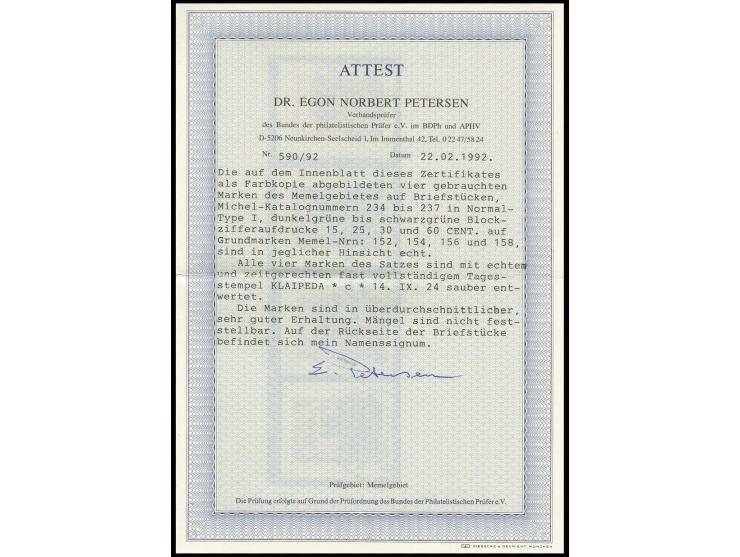 Grünaufdruck 15 CENT. auf 50 Mark - 60 CENT. auf 500 Mark in Type I komplett, jeweils sauber gestempelt "KLAIPEDA c 14.IX. 24