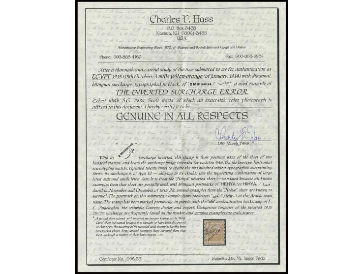 2 m on 3 m. orange yellow, used example showing variety overprint inverted. A scarce stamp. Signed Ela. Certificate Hass (Mi.