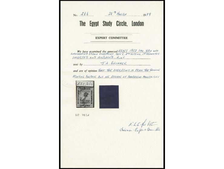 1 m. sepia, a fine mint example with variety overprint inverted and "à cheval", fresh and fine, large part original gum. Ex c