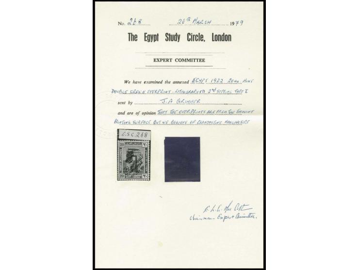 1922: Monarchy 20 m. olive, a fine mint example with variety overprint double. Fine, large part original gum. Only 100 of thi