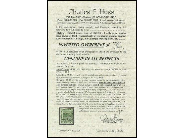Officials. 1922: 4 m. green, mint example with OHEMS overprint inverted, fresh and very fine, large part original gum. Rare, 