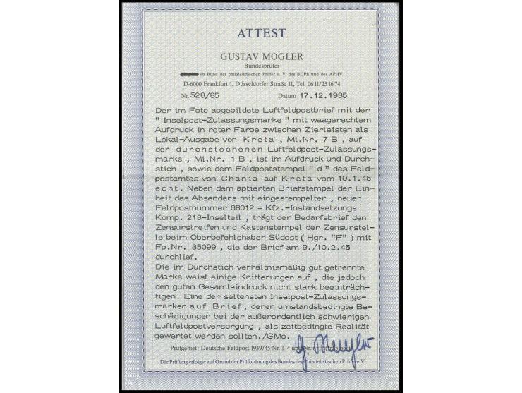 1944, Kreta durchstochen mit Tagesstempel "FELDPOST c 19.1.45" des Feldpostamtes von Chania auf Kreta auf Feldpostbrief eines