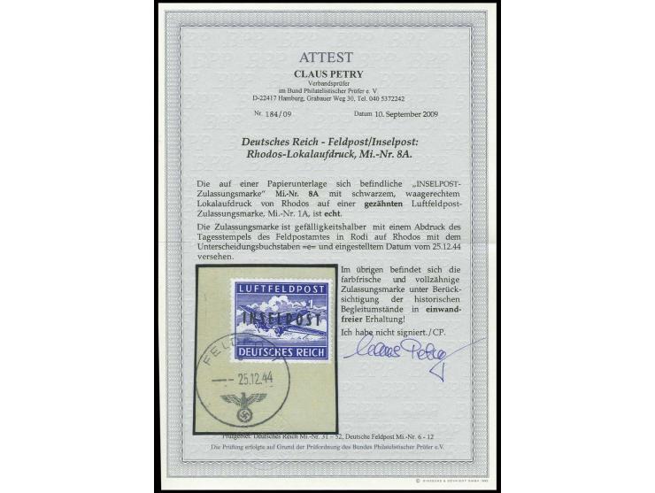 Rhodos gezähnt mit Gefälligkeitsentwertung "FELDPOST e 25.12.44" auf Briefstück, Pracht, Fotoattest Petry BPP