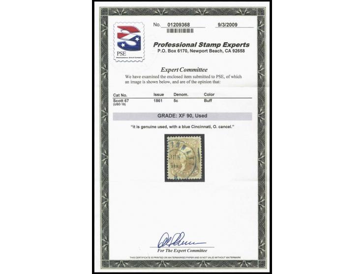 1861, 5 c. buff, used with blue c.d.s, very fine and rare, certificate PSE "Grade: XF 90"