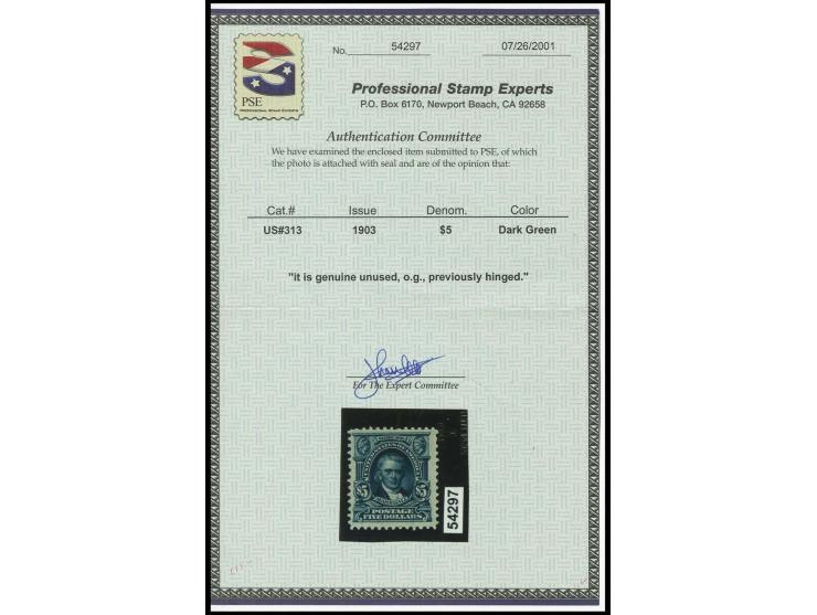 1902, 5 $ green, fresh colour, unused with original gum, very fine, certificate PSE (Scott-Nr. 313)