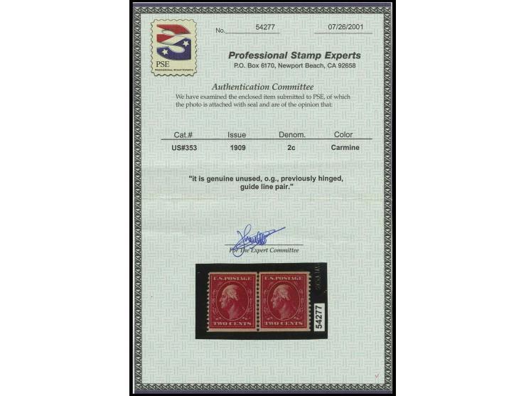 1909, 2 c. carmine, horizontal guide line pair, never hinged, fine, certificate PSE (Scott-Nr. 353)