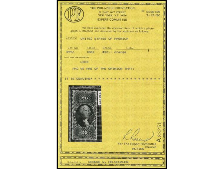 REVENUE STAMPS: 1864, Probate of will 20 $ orange, used with pen, perfectly centered, very fine and rare, certificate PF