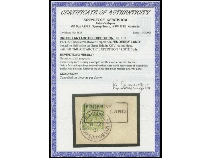 1921, Shackleton-Rowett Expedition, GB ½ d. with framed "ENDERBY LAND" and cds. "S.R. ANTARCTIC Expedition 1921/8 SP 21" tied