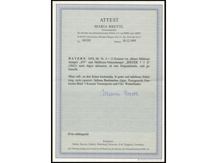12 Kreuzer rot, farbfrisch und voll- bis breitrandig mit oMR "493" und nebengesetztem Aufgabestempel "SPEYER 7 5" (1862) auf 