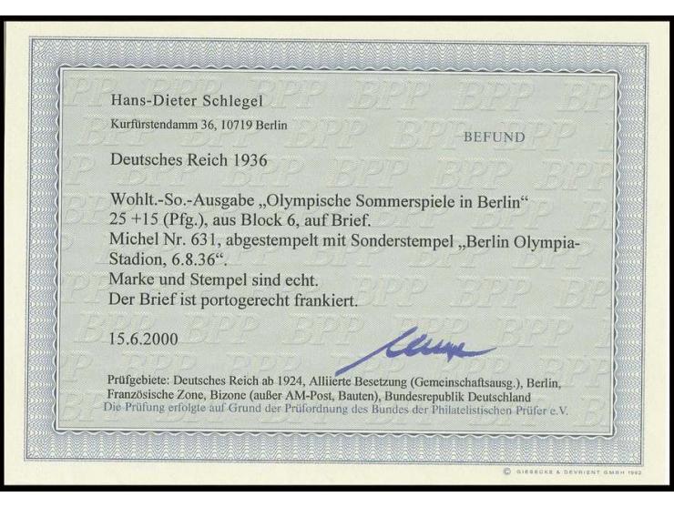 Blockmarke 25 Pfg. mit großem Rand als portogerechte Einzelfrankatur auf Brief mit SST "BERLIN OLYMPIA-STADION 6.8." nach Fra