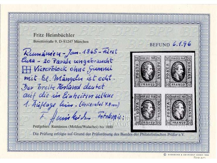 1865, Fürst Cuza 5 und 10 Par., ungebrauchte Partie in Einheiten, dabei Mi.-Nr. 12y (zwei 4er-Blocks), Nr. 13 Druckstein I (4