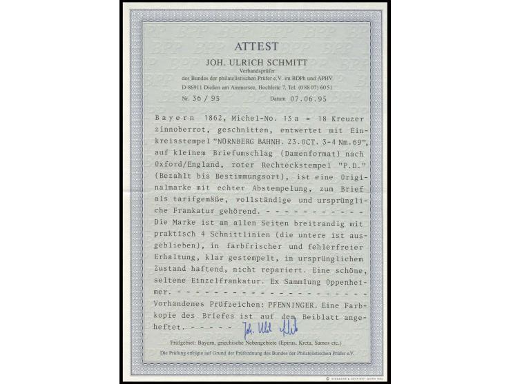 18 Kreuzer zinnoberrot, schöne tiefe Farbe und allseits breitrandig geschnitten mit EKr. "NÜRNBERG BAHNH. 23 OCT. 69" auf kle