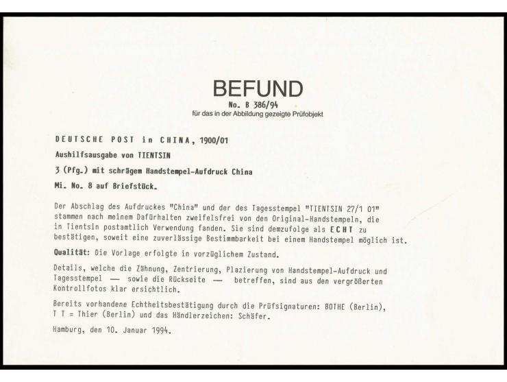 1900, Handstempelaufdrucke: 3 Pfg. mit Stempel "TIENTSIN 25.1.01" auf kleinem Briefstück, Pracht, u.a. sign. Bothe sowie Foto