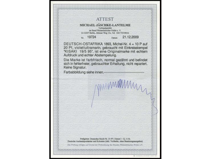 "KISAKI 19/5 95", praktisch kpl. und zentrisch abgeschlagen auf 10 P. auf 20 Pfg., Pracht, ein seltener Stempel, Fotoattest J