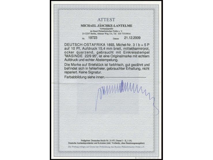 "MASINDE 22/9 95", vollständig abgeschlagen auf 5 P. auf 10 Pfg. mittel(karmin)rot auf Briefstück, Pracht, Fotoattest Jäschke