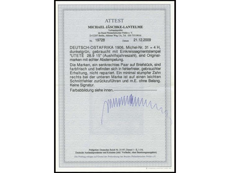 "UTETE 2.9 15", jeweils sauber abgeschlagen auf senkrechtem Paar 4 H. auf kleinem Briefstück, die untere Marke durch Schnittf