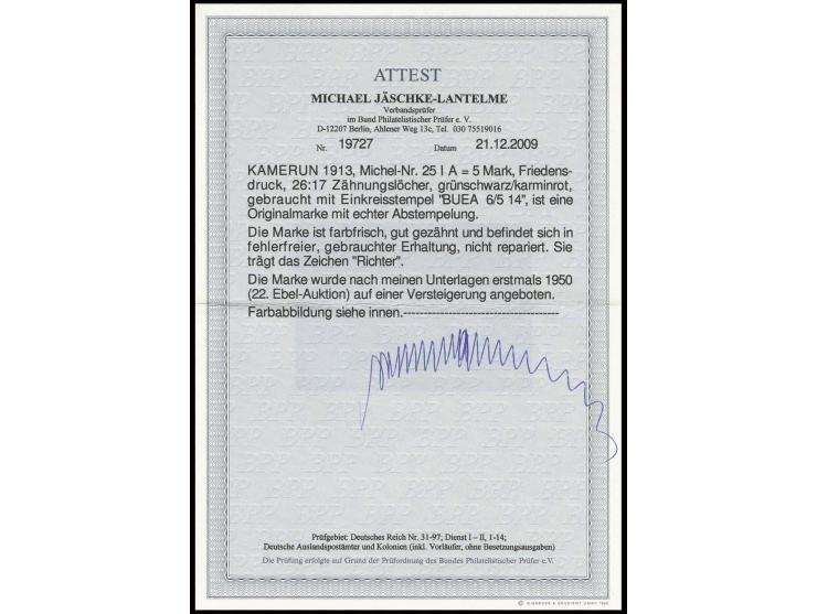 1905/19, 5 M., farbfrisch und gut gezähnt mit sauberen Stempeln "BUEA 6/5 14", Kabinett, sign. Richter und Fotoattest Jäschke