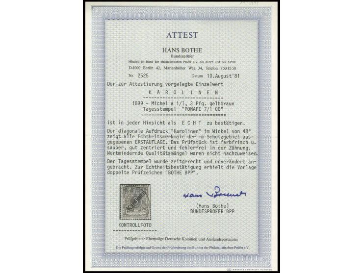 3 Pfg. mit zeitgerechtem Stempel "PONAPE 7/1 00", Kabinett, doppelt sign. Bothe BPP mit Fotoattest (Mi. 850,-)