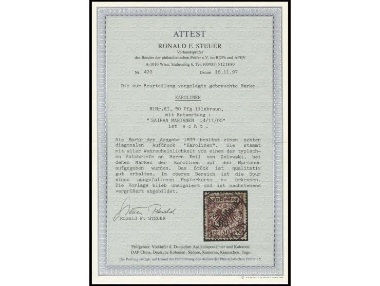 50Pfg. mit zentrischem Stempel "SAIPAN MARIANEN 14 11 00", bis auf die Spur eines ausgefallenen Papierkorns im oberen Bereich