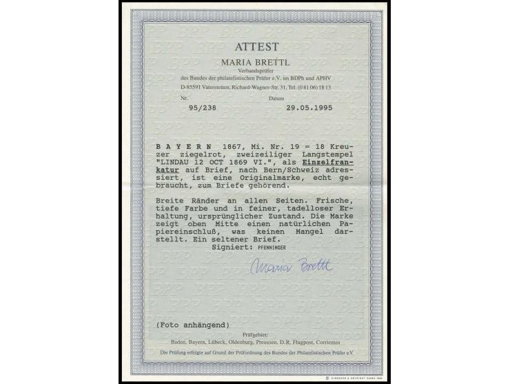 18 Kreuzer ziegelrot, farbfrisch und breitrandig mit zweizeiligem Langstempel "LINDAU 12 OCT. 1869" auf überfrankiertem Faltb