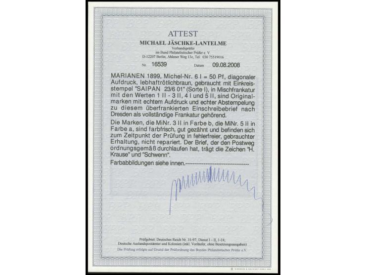 1899, Diagonalaufdruck 50 Pfg. und 20 Pfg. in Mischfrankatur mit Steilaufdruck 3-10 Pfg. und 25 Pfg., dabei 10 Pfg. in der se