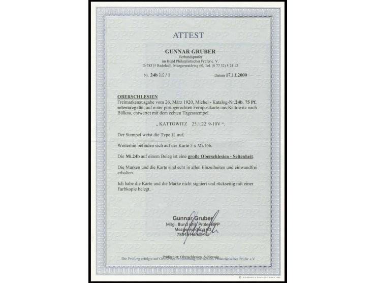 75 Pfg. schwarzgrün mit 10 Pfg. orangerot (5) auf Bedarfskarte von "KATTOWITZ 25.1.22" nach Bülkau, große Oberschlesien-Selte
