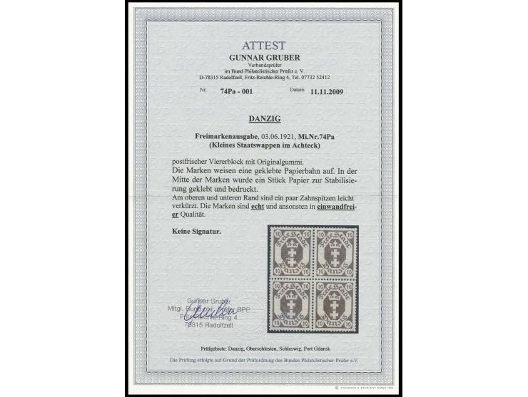 1921, Wappen 10 Pfg. im Viererblock mit schräg über alle Marken verlaufender geklebter Papierbahn, postfrisch, rechte Marken 