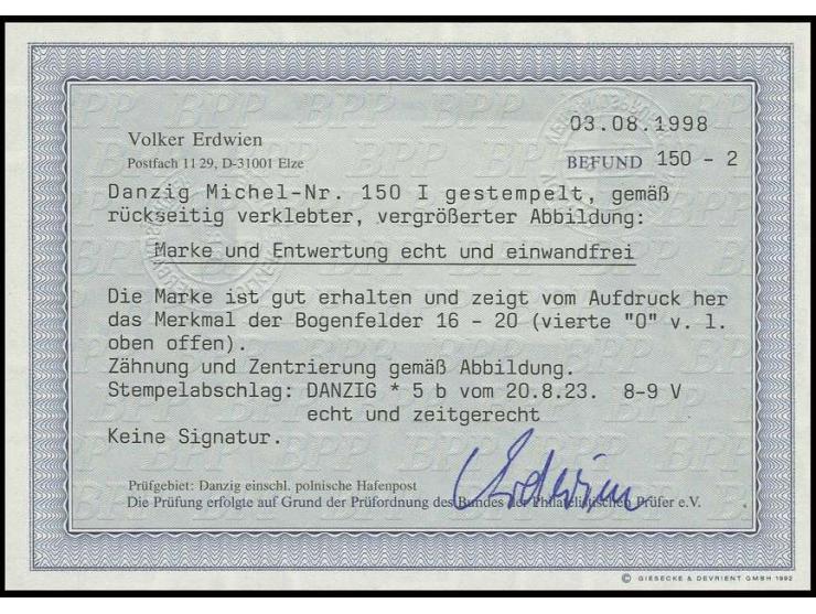 1923, 100 000 auf 20 000 M. mit Aufdruckfehler "vierte 0 von links oben offen" mit zeitgerechter Entwertung, Pracht, Fotobefu