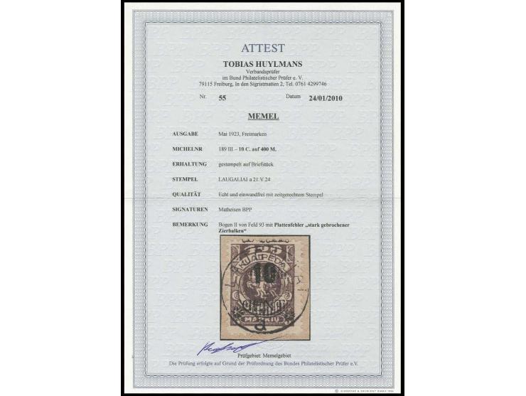 10 C. auf 400 M. dunkelolivbraun mit Aufdruckfehler "linker Zierbalken zu ca. 1/4 ausgebrochen" auf Briefstück mit Stempel "L