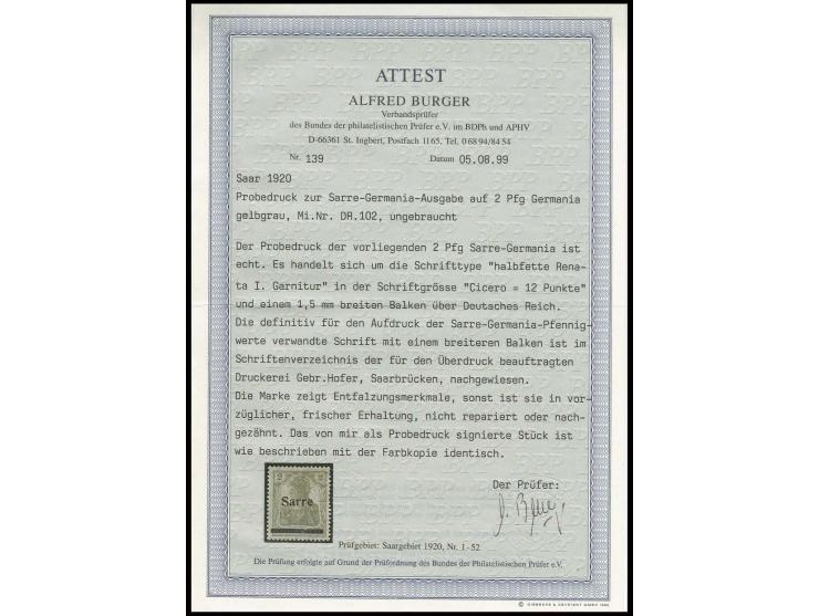 1920, "Sarre" auf Germania: Probedruck 2 Pfg. mit Aufdruck ähnlich dem Verausgabten mit 1,5 mm breitem Balken, ungebraucht, d