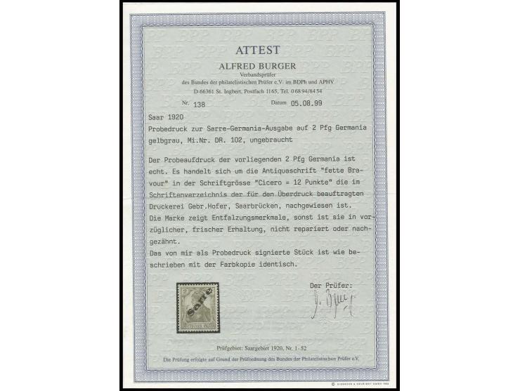 Probedruck 2 Pfg. mit diagonalem Aufdruck ohne Balken, ungebraucht, private Signatur sowie sign. Burger BPP mit Fotoattest