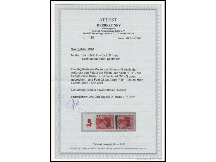 10 Pfg. im senkrechten Oberrandpaar, dabei obere Marke nur mit Aufdruck "Sarre", die untere Marke mit Balken oben, postfrisch