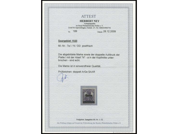 15 Pfg. grauviolett mit doppeltem Aufdruck der Abart "N", postfrisch, Pracht, sign. ArGe Saar und Fotoattest Ney BPP (Mi. 1.7