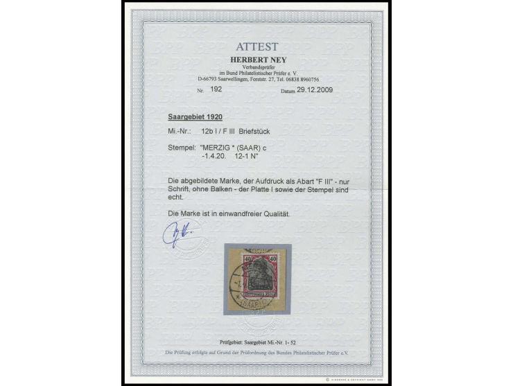 40 Pfg. mit Aufdruckabart "nur Schrift", mit Stempel "MERZIG 1.4.20" auf Briefstück, Pracht, Fotoattest Ney BPP (Mi. nicht ge