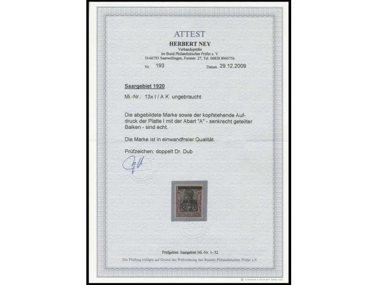 50 Pfg. mit kopfstehendem Aufdruck mit der Abart "geteilter Balken", ungebraucht, Pracht, sign. Dr. Dub und Fotoattest Ney BP