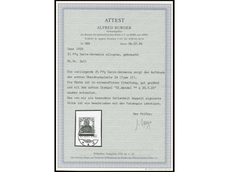 2½ Pfg., sauber gestempelt "ST. WENDEL 20.3.20" auf Briefstück, Kabinett, u.a. doppelt sign. Burger BPP mit Fotoattest (Mi. 1