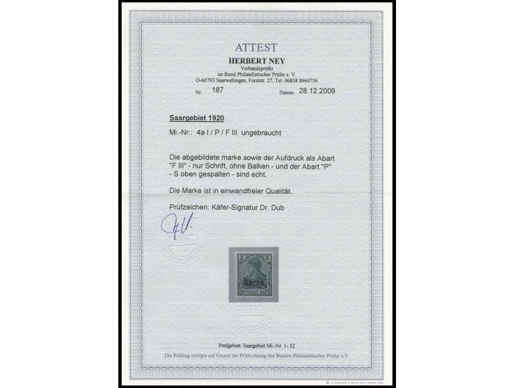 5 Pfg. mit Aufdruckabart "nur Schrift" mit zusätzlicher Abart P, ungebraucht, Pracht, sign. Dr. Dub und Fotoattest Ney BPP