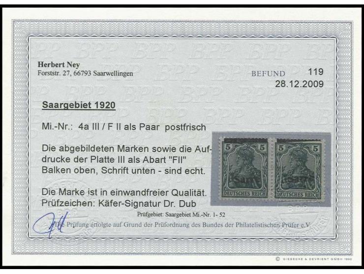 5 Pfg. im waagerechten Paar mit Aufdruckabart "Balken oben", postfrisch, Pracht, sign. Dr. Dub und Fotobefund Ney BPP