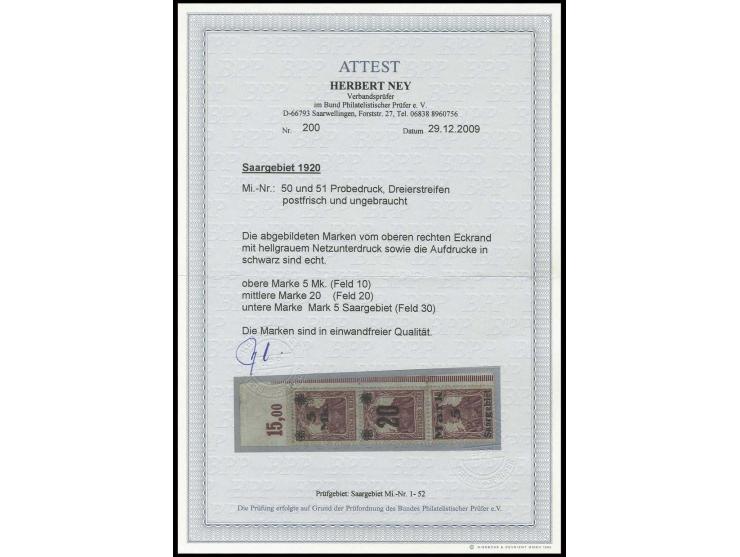 1921, Provisorien, Probedruck-3er-Streifen 15 Pfg. mit hellgrauem Netzunterdruck und Aufdruck "5 Mk.", "20" und "Mark 5 Saarg