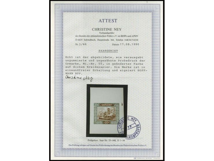 20 Pfg., Probedruck in Farben der verausgabten 30 Pfg., Einzelabzug auf ungummiertem Kreidepapier im Blockformat, sign. Hoffm