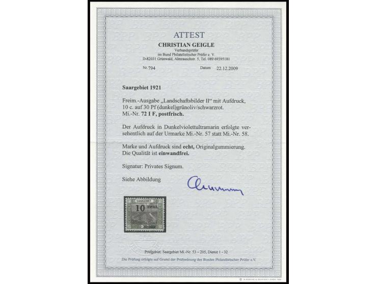 Landschaften 10 C., Fehldruck auf 30 Pfg. grünoliv/schwarzrot, postfrisch in einwandfreier Erhaltung, eine seltene Marke, sig